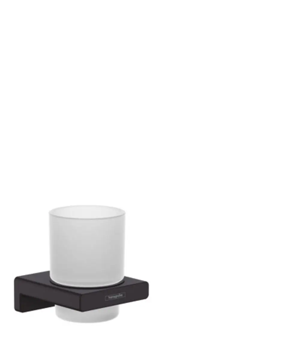 Zahnputzbecher aus mattem Schwarz mit Halterung, designed von Hansgrohe. Der Becher hat eine zylindrische Form und steht auf einer rechteckigen Basis.
